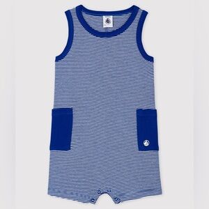 Petit Bateau Baby Unisex Blue & White Striped Short Romper - Size 24M